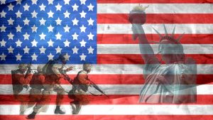 American flag with images of soldiers and the Statue of Liberty superimposed