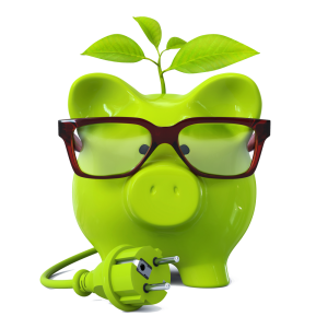 Green pig with glasses and plug green energy