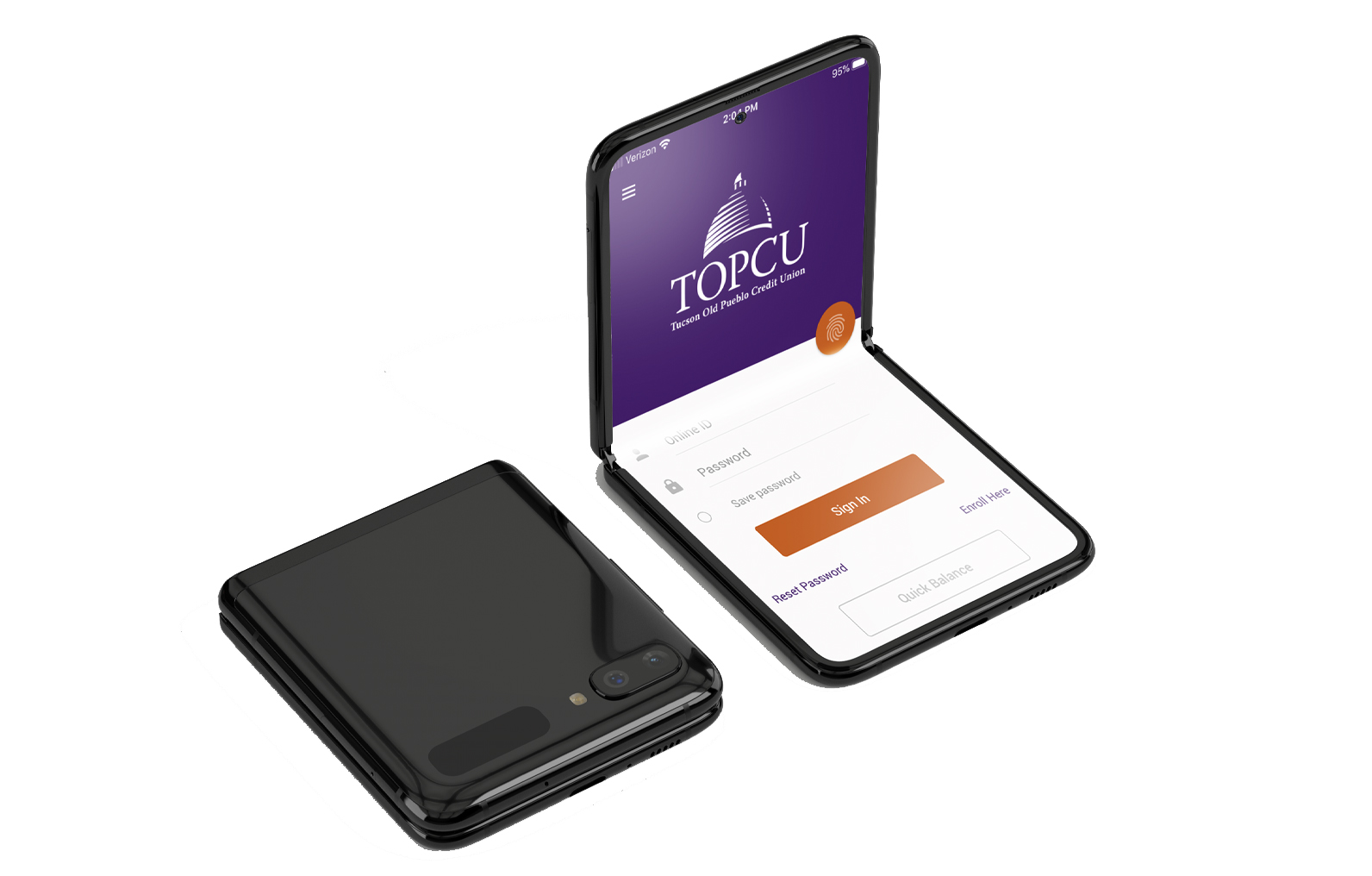 TOPCUMobileAppwHands2020 Hands holding cell phone with finger pointing to TOPCU mobile app display
