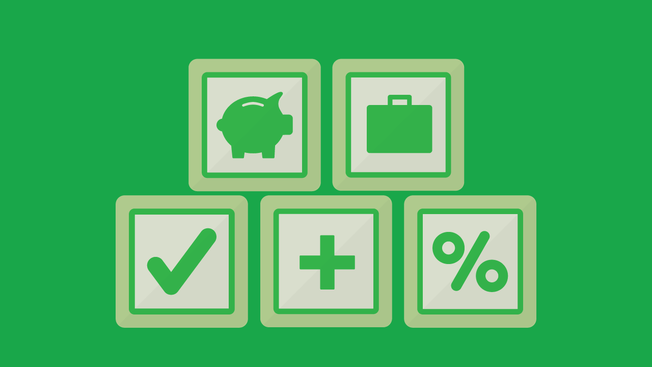 Graphic image of various financial symbols including piggy bank dollar sign percentage sign